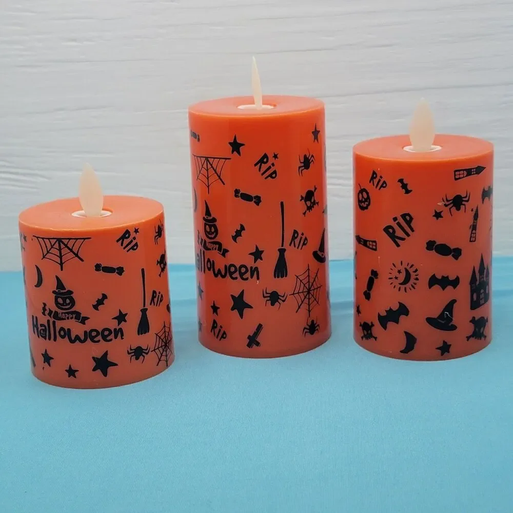 Halloween Flameless Candles Set of 3 Flickering LED Battery Orange 3-4.5